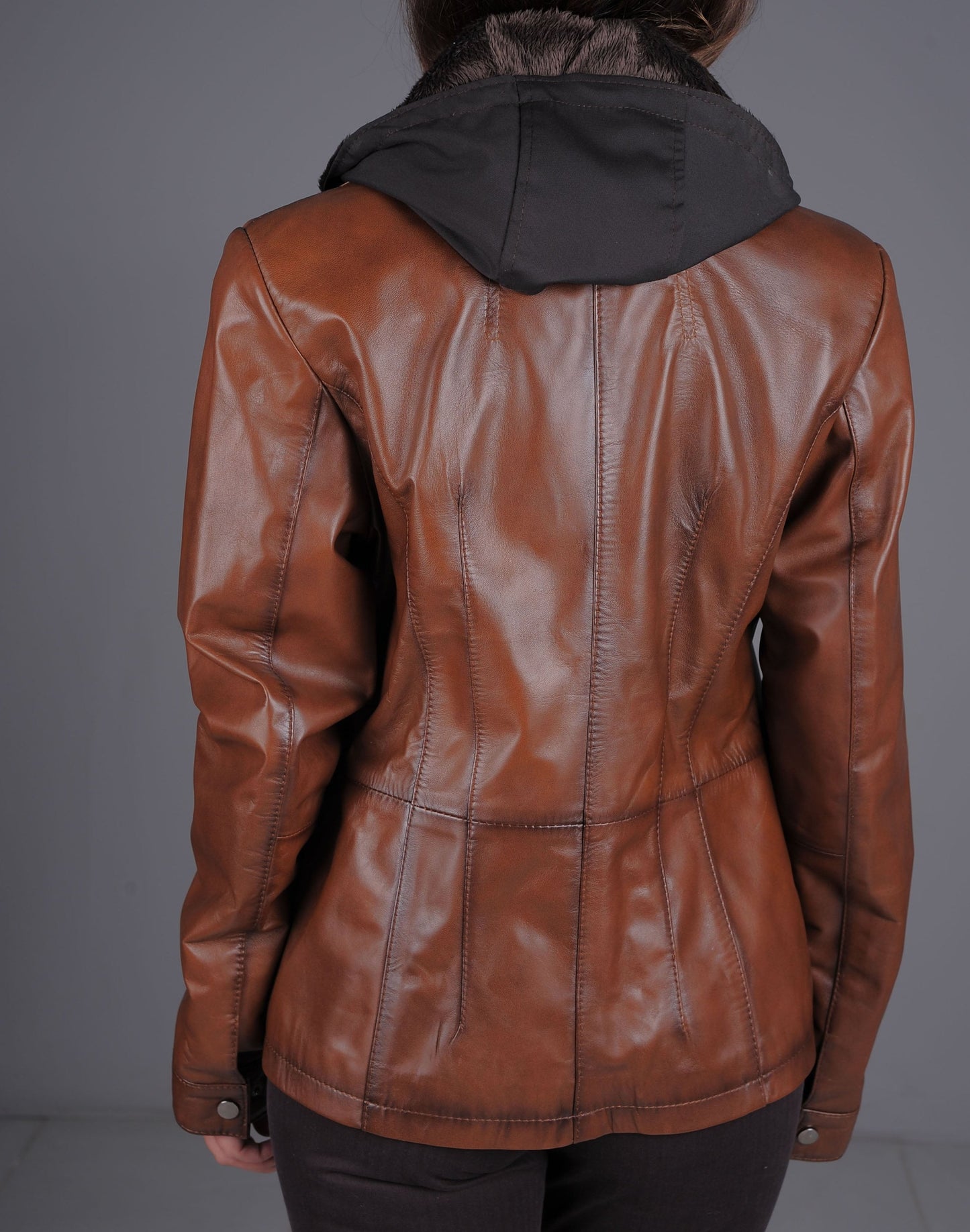 Brown Leather Knit Hood Jacket