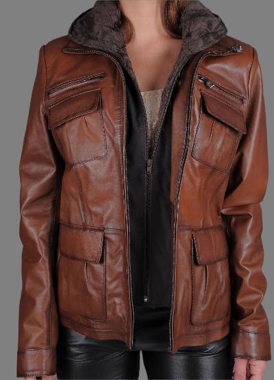 Brown Leather Knit Hood Jacket